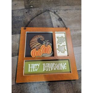 Wooden Happy Thanksgiving cornucopia fall leaf sign decor